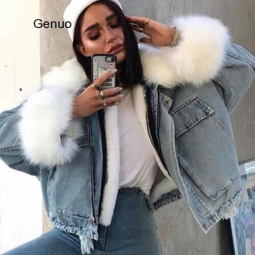 Women Denim Jacket Coat Faux Fur Collar Fleece Thick Warm Female Jackets Top 2020 Autumn Winter Drawstring Tunic Loose Lady Tops