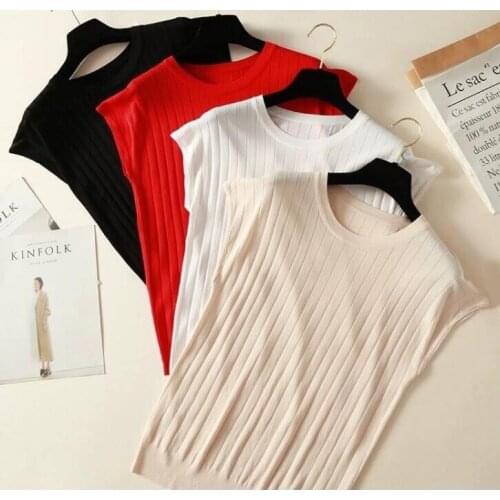 Women T-shirt Loose Thin Ice Silk Soft Short Sleeve Knitted Tops Casual Solid Shirt