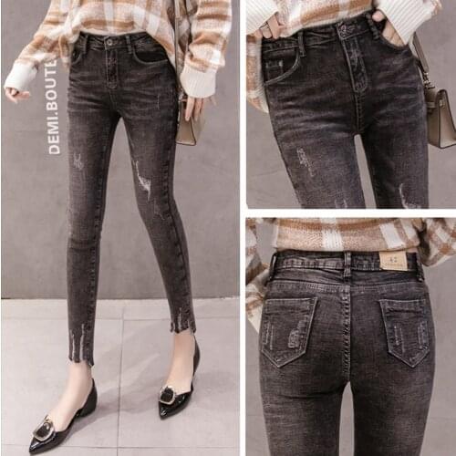 Womens Jeans 2019 New Spring and Autumn Korean Fashion High Waist Smoke Gray Hole Elastic Nine Point Pants