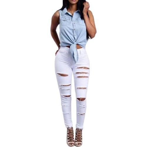 Women Mid Waisted Skinny Hole Denim Jeans Stretch Slim Pants Calf Length Jeans