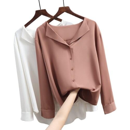Office Lady V-Neck Shirts Button Loose Clothing New Chic Casual Solid Female Outwear Tops 2021 Spring Women Chiffon Blouse