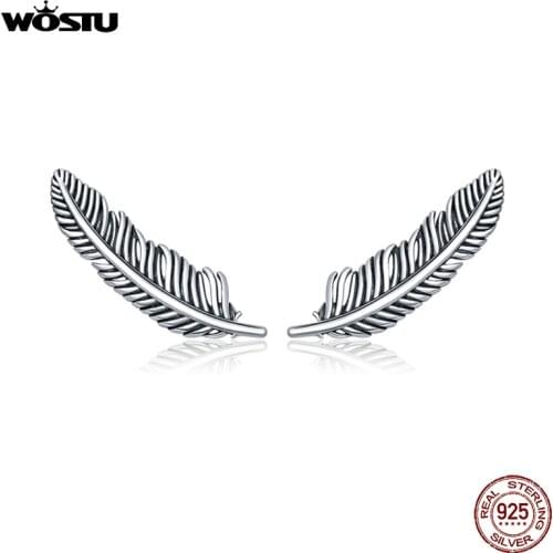 WOSTU Authentic 925 Sterling Silver Vintage Feather Stud Earrings Fashion Small Earrings For Women Wedding Party Jewelry CQE865