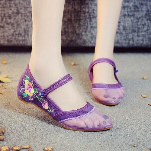 Women Chinese Mesh Embroidery Floral Ankle Button Casual Flats Loafers Sandals Summer Breathable Oxfords 6Colors Shoes B207