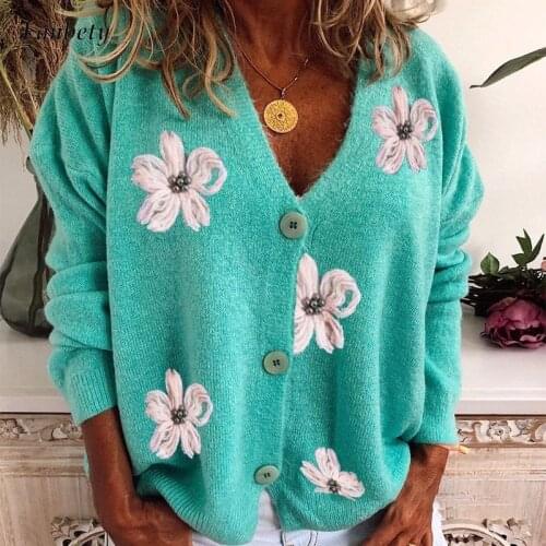 2021 Elegant Embroidery Design Knitted Sweaters Women Casual V-Neck Long Sleeve Loose Tops Pullover Fashion Chic Button Cardigan