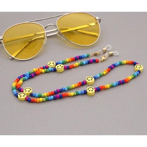 Women Anti-skid Glasses Chain Rice Bead Mask Chain Lanyard Bohemian Ethnic Style Handmade Rainbow Beaded Smiley Necklace