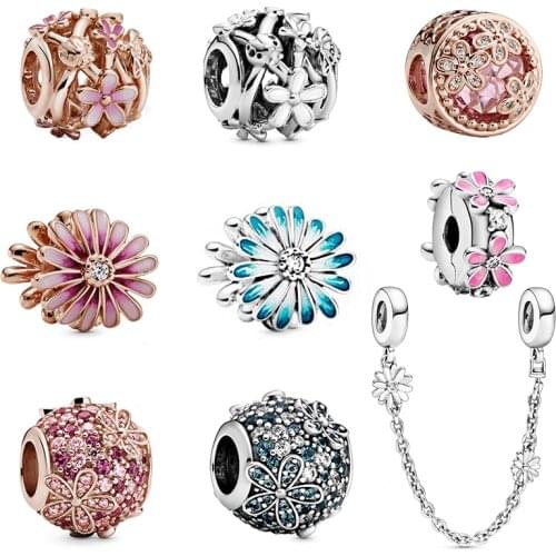 2020 Fashion New High Quality Silver 1: 1 White, Pink Daisy Flowers Bouquet Series Charm DIY Jewelry Original Woman Classic Gift