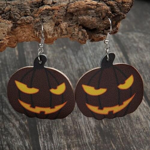 2021 Halloween Smiling Face Double-sided Print PU Leather Pumpkin Lantern Earrings for Women Fashion Jewelry Wholesale