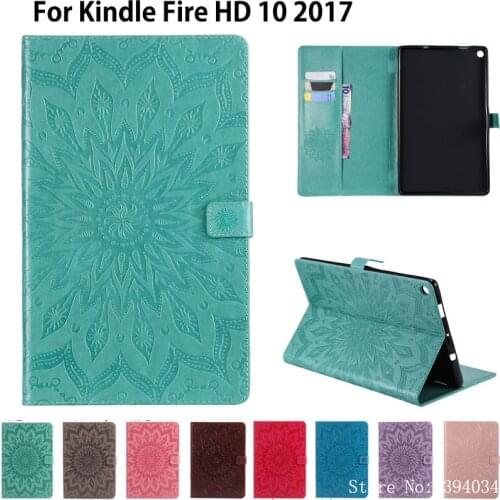 Cover Case For Amazon Kindle All-New Fire HD 10 7th generation Tablet with Alexa 10.1" 2017 Cover Sun Embossed Stand Skin Shell