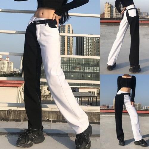 MUQGEW Black And White Patchwork Jeans For Women High Waisted Denim Straight Pants Contrast Color Streetwear Casual Trousers
