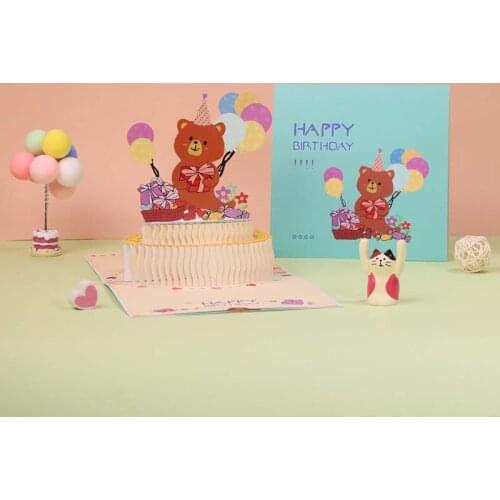 Birthday Blessing 3D Pop Up Greeting Card Paper Sculpture Cute Bear Cake Message Anniversary Gifts Party Invitations Decoration