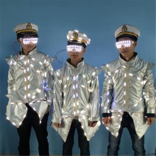 Hot Sale Led Luminous KTV Bar Nightclub Waiters Costume Clothes With Hat And Led Glasses LED Growing Lighting Stage Dance Wear