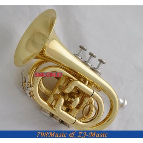 AAA Quality Gold Lacquer Pocket Trumpet Cornet Large bell Horn With Case