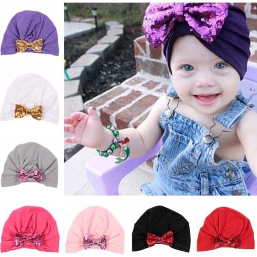 Yundfly Cute Newborn Turban Hat with Sequin Bow Cotton Blend Kids Caps Beanie Top Knot Handmade Hats Birthday Holiday Gift
