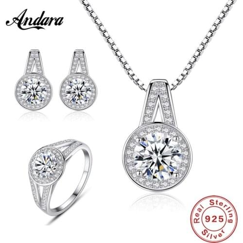 Fashion Jewelry Sets 925 Sterling Silver Round AAA Zircon Pendant Necklace Earrings Rings Sets Woman Fine Jewelry