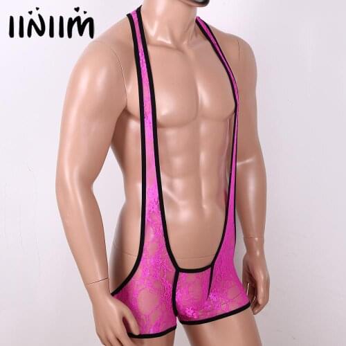 Mens See Through Sheer Lace Racer Back Front Jockstraps Bulge Pouch Open Butt Leotard Bodysuit Wrestling Singlet Underwear