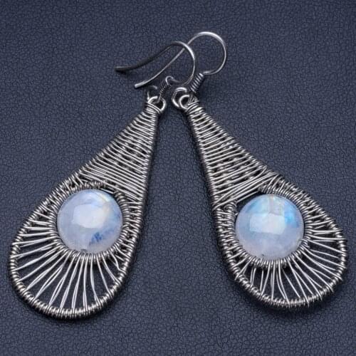 Natural Rainbow Moonstone 925 Sterling Silver Earrings 2 1/4" Q1361