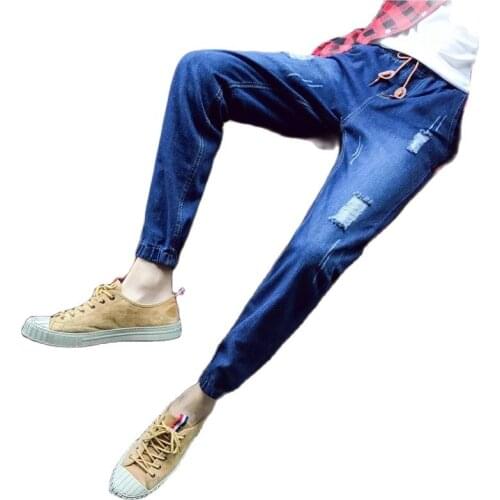 New 2020 Fashion Denim Casual elastic waist ripped hole mens jeans Harem stretch Korean pants youth wild cat whiskers trousers
