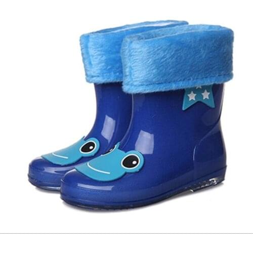 New Children Cartoon Rain Boots Antiskid Plus Cotton Velvet Wellies Boy Girl Cute Rubber Shoe PVC Warm Water Boot 14 Colors