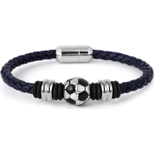 New Casual Sport Football Charm Bracelets for Women Men Player Soccer Fans Leather Rope Bracelet Stainless Steel Jewelry