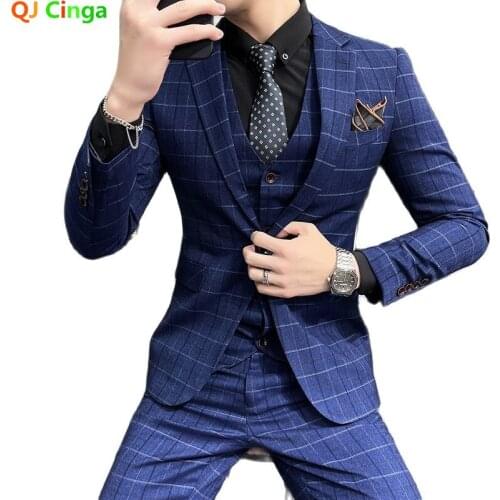 Fall/Winter New Blue Plaid Tuxedo 3 Piece Sets Men Business/Wedding/Party Slim Blazer Coat Pants Vest Plus Size S-4XL 5XL