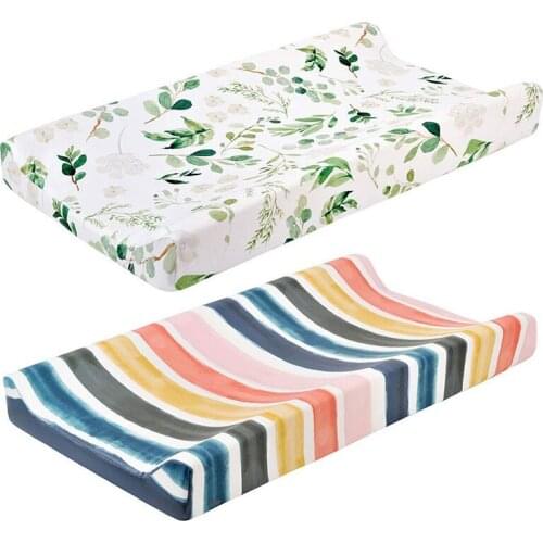 2 Pcs Baby Diaper Changing Pad Cover Cradle Mattress, Fabric Changing Mat Cover Green Leaves & Rainbow Strips