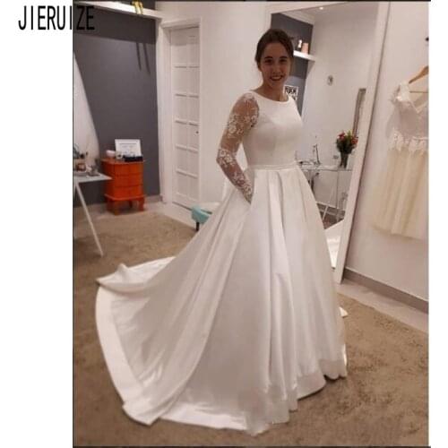 JIERUIZE Simple Elegant Satin Wedding Dresses Scoop Neck Illusion Long Sleeves Button Back Pockets Bride Dresses Robe De Mariee