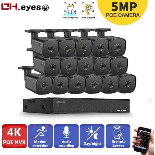 OH.Eyes H.265 5MP Audio Record POE Security Camera System 4K 8CH 16CH Security NVR With 16pcs 5MP CCTV Bullet Cameras