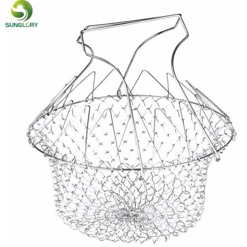 Foldable Steam Rinse Strain Fry Chef Basket Magic Mesh Basket Strainer Net Filter Kitchen Sieve French Chef Basket Cooking Tools