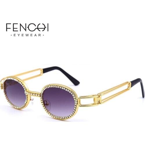FENCHI Blu-Ray Pretection Retro Oval Sunglasses Women Vintage Steampunk Sun glasses Men Clear lens Rhinestone sunglasses Oculos