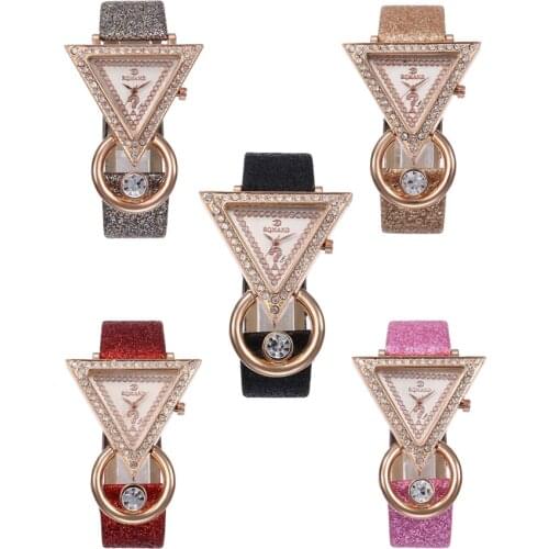 Rhinestone Fashion Casual Bracelet Watch Women Ladies Triangle Dial Shimmers Faux Leather Band Quartz Wrist Watch Clock Gifts