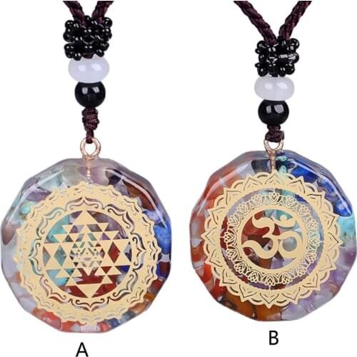 Luminous Epoxy Gravel Pendant Long Sweater Chain Seven Chakra Energy Yoga Necklace Fashion Jewelry Gift for Women Men
