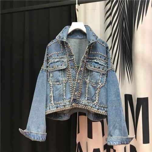 Diamond Beaded Denim Jacket Women Retro Loose-Fit Cropped Denim Jacket Womens Spring Autumn New Jean Jacket Coat Blue Femme