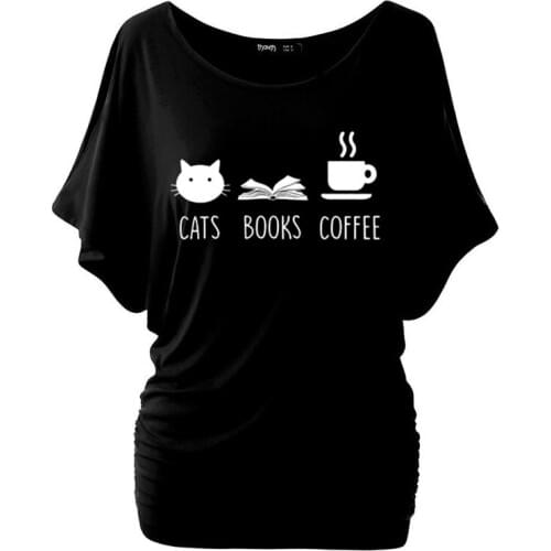 Cats Books Coffee T Shirt Women Graphic Tees Tumblr Streetwear Cotton Batwing Sleeve T-shirt Vintage Coffee Tops Cute Cat Shirt