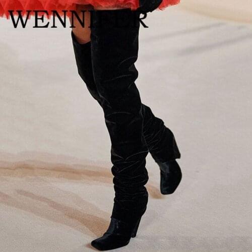 2021 Autumn Women Over The Knee High Boots Square-Toe Polished Finish Thigh High Boots Female Runway Banquet Chunky Heel Botas