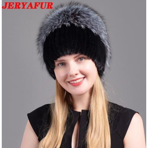 JERYAFUR Women Fur Hats Fluffy Winter Warm Knitted Natural Mink Fur Hats Fashion Top Hats Women Natural Fur Hats