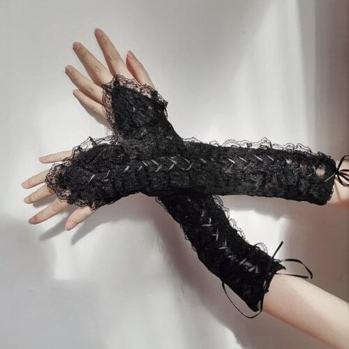 Women Sexy Thin Hollow Lace Bandage Long Fingerless Gloves Japanese Style Maid Cosplay Halloween Ball Party Nightclub