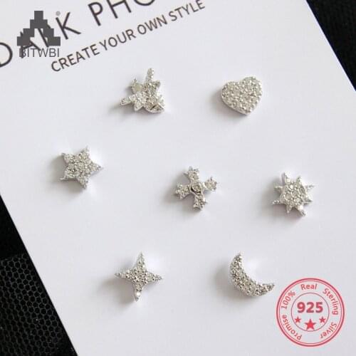 1pcs 925 Sterling Silver Star Moon Heart Bee Cross Zircon Earrings For Women High Quality Fashion Girl Gift