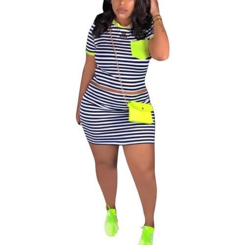 Plus Size Stitching Striped Short-sleeved T-shirt and Skirt Suit Two Piece Women Set Fashion Street Wear Drop Shipping