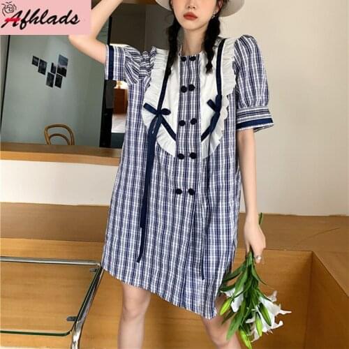 Blue Plaid Ruffled Patchwork Dot Dress Womens Summer Puff Short Sleeve Double Breasted Casual Loose Stand Collar Mini Vestidos