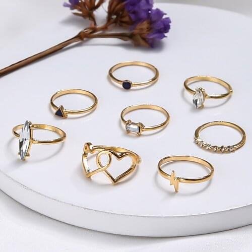 New Gold Plate Boho Statement Rings Set Woman Lovely Double Love Heart White/Black Crystal Ring Fashion Geometric Female Jewelry