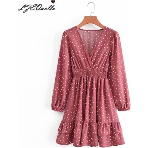 LZEQuella Polka Dot Ruffles Mini Dress Summer 2021 Long Sleeve V neck High Waist Short A Line Dresses vestidos NZ3815