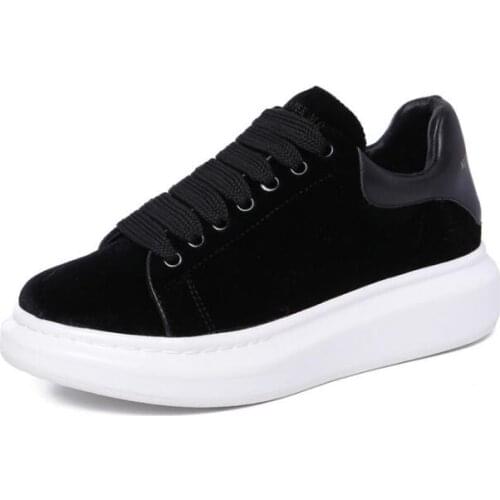 Carpaton Woman Flat Shoes Fashion Round Toe Black Velvet Casual Shoes Lace-up Flat Platform Lady Shoes Sneakers