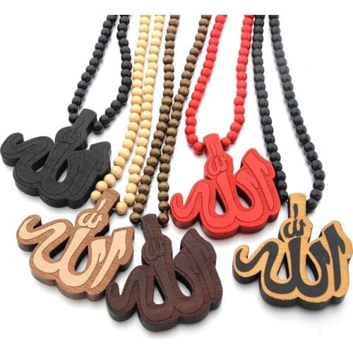 Hip Hop Wood Allah Large Pendant Male Necklace Long Wooden Beads Neck Chain For Men Islam Ethnic Costume Jewelry Friends Gift