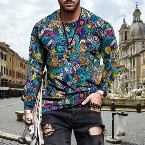 Fashion Spring And Autumn T-Shirt Men 2022 Hot Sal New Leisure Men Street Loose Long-Sleeved Shirt Retro Hip-Hop Print T-Shirt