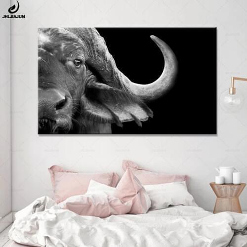 JHLJIAJUN Animals Buffalo Black White Natural Landscapes Modern Canvas Painting Prints And Posters Home Decor Wall Art No Frame