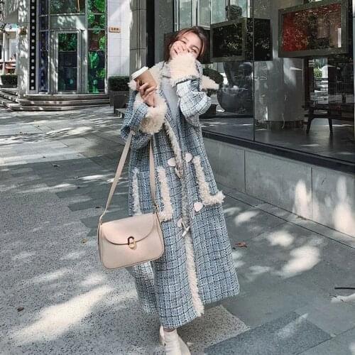 Korean Autumn Winter Trendy Horn Buckle Plaid Plush Splicing Woolen Coat Over-the-knee Long Woolen Coat Womens Loose New Style