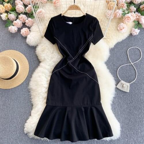 Summer Womens Party Dress Korean Casual Style Round Neck Simple Line Ruffle Short-sleeved Dress New Waist Female Dresses FC043