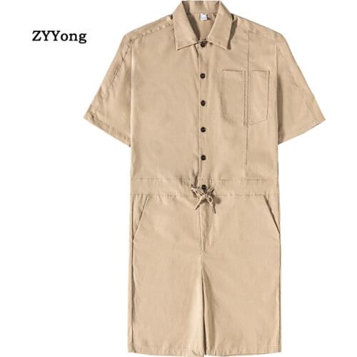 Summer Jumpsuit Men Overalls Rompers Turndown Collar Half Sleeve Straight Khaki Casual Short Cargo Pants Loose Joggers Trousers