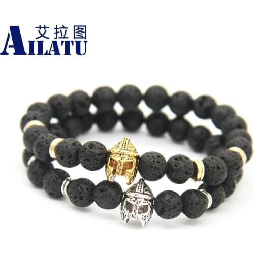 Ailatu Fashion Spartan Warrior Helmet Bracelet with Energy Lava Stone Beads Men Bracelet