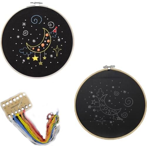 Cartoon Moon DIY Embroidery Kit for Beginner Pattern Printed Cross Stitch Bamboo Hoop Needlework Sewing Art Handcraft Home Decor